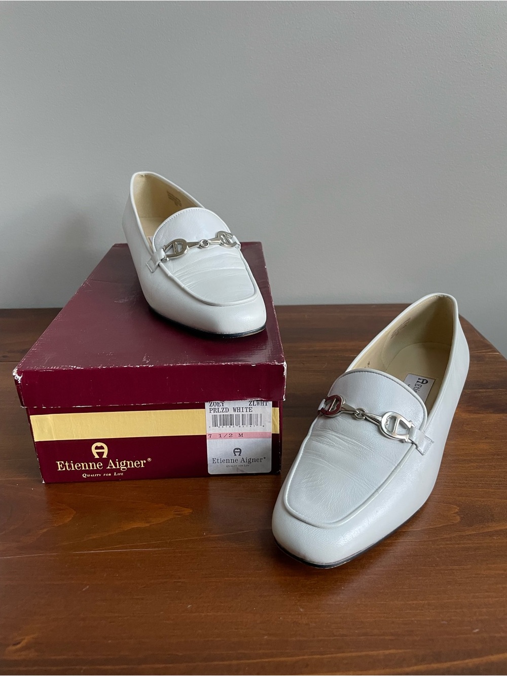Etienne Aigner White Leather Women's Loafers with Silver Horsebit Size 7 1/2